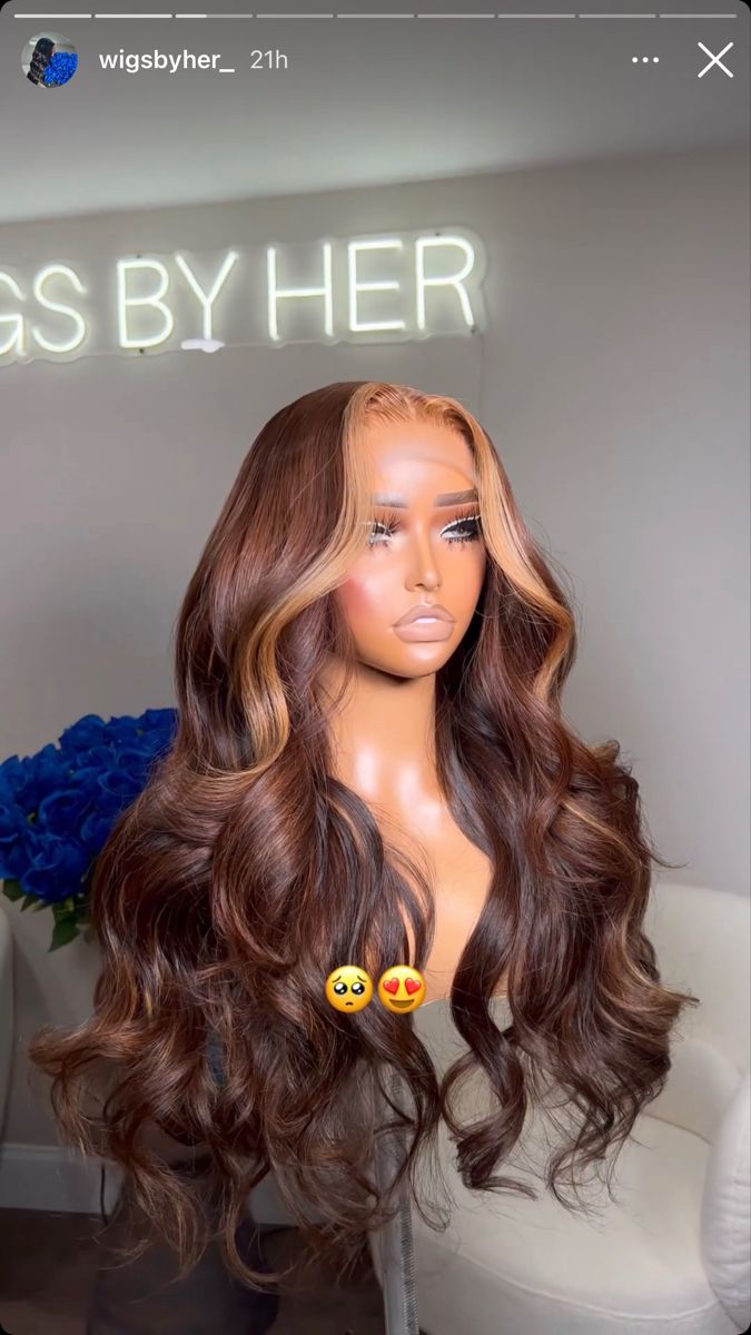 Wig Color Ideas Light Skin, Chocolate Brown Hair With Highlights Wig, Chocolate Brown Wig With Highlights, Sew In Hairstyles With Closure Body Wave, Birthday Wig Color Ideas, Fall Wig Hairstyles, Brown And Blonde Sew In, Fall Lace Front Wig, Brown Wig Hairstyles Black Women