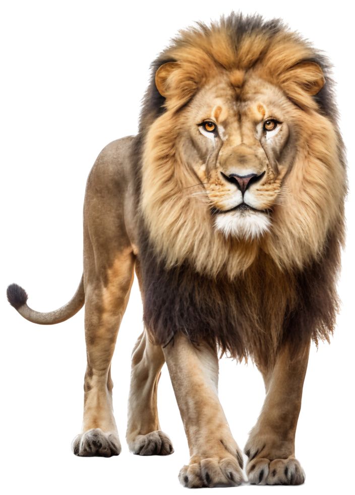 an adult lion walking across a white background