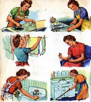 an old poster shows women washing dishes in the sink and cleaning them with their hands