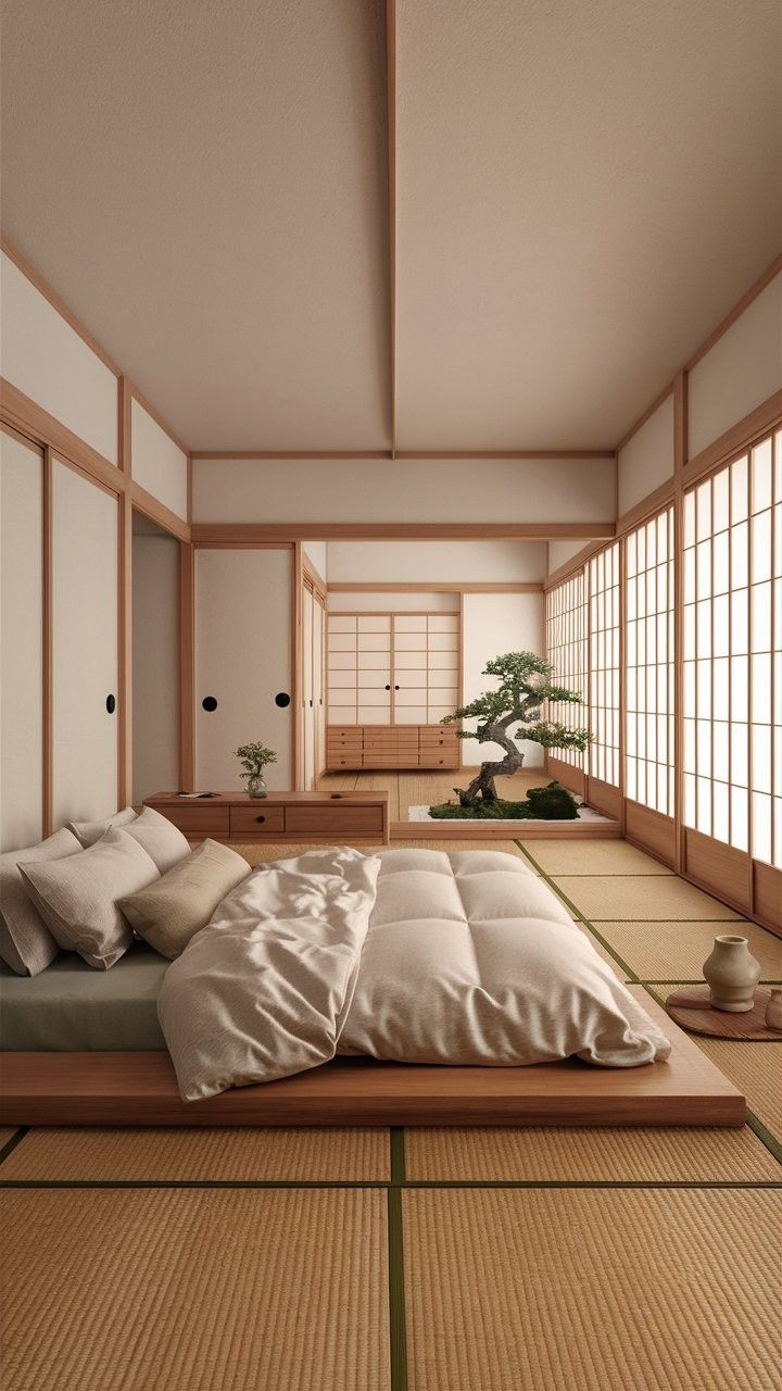 Minimalist Japanese Apartment, Tatami Style Bedroom, Asian Style Apartment, Japan Style Interior Design, Cozy Japanese Apartment, Dream House Japanese Style, Japanese Appartement Aesthetic, Asian Aesthetic Home Decor, Home Interior Design Japanese