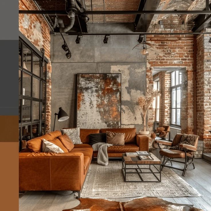 an industrial living room with brick walls and exposed ceilings, leather couches and chairs