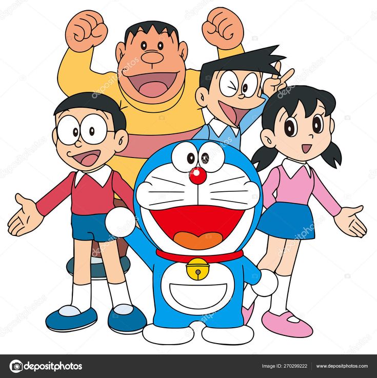 an image of cartoon characters posing for a group photo with their arms in the air