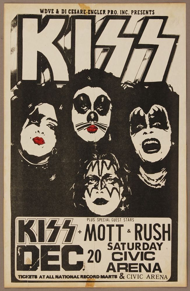 an old concert poster for kiss, featuring the band's faces and their name