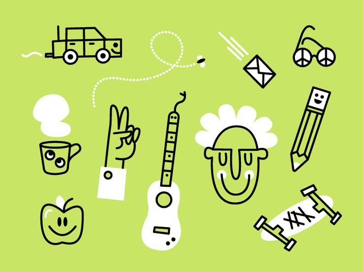 an image of various things that are drawn in black and white on a green background