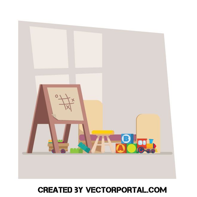 a child's room with toys and a easel