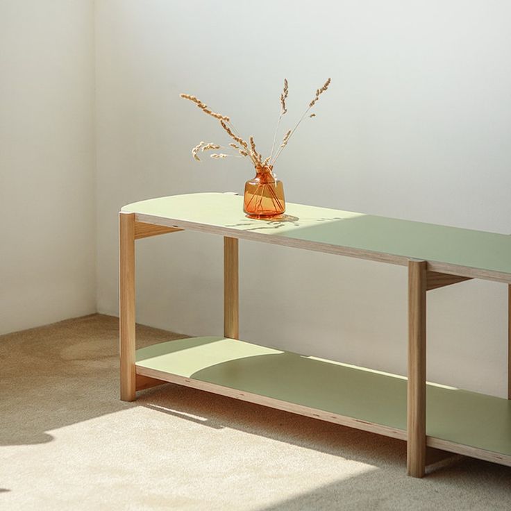 a vase with flowers sitting on top of a green table next to a white wall