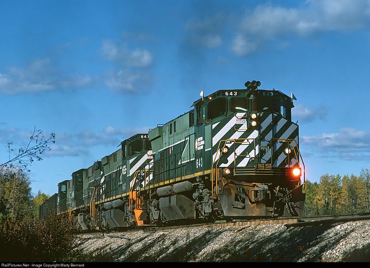 a train is traveling down the tracks in the country side with trees and blue sky behind it