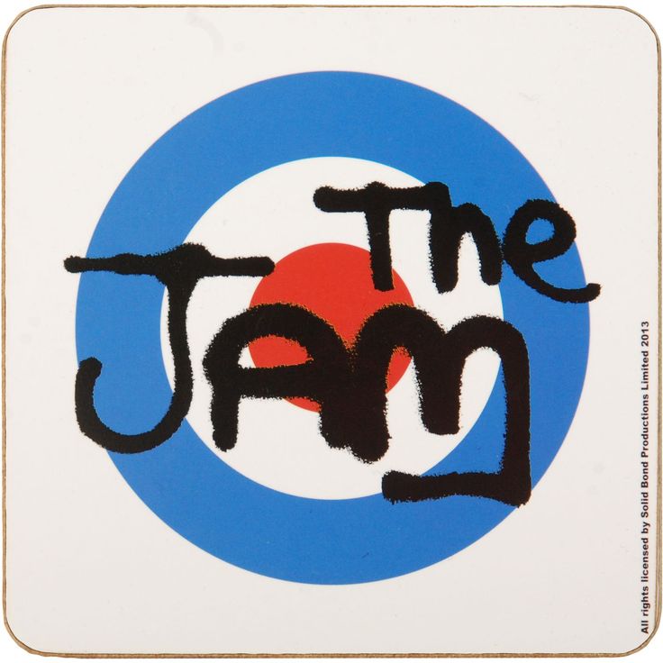 the jam logo on a black and blue coaster