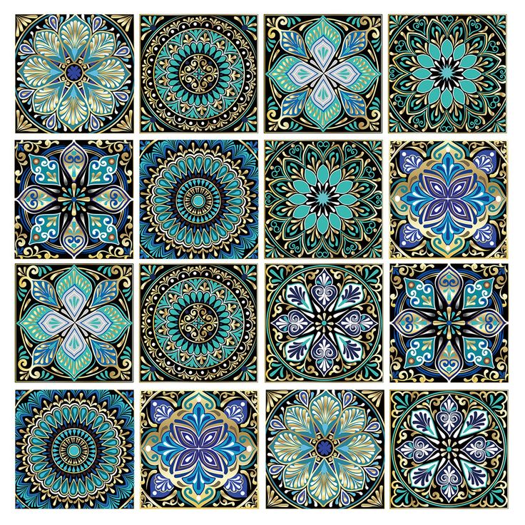 nine blue and green tile designs on a white background, each with an intricate design