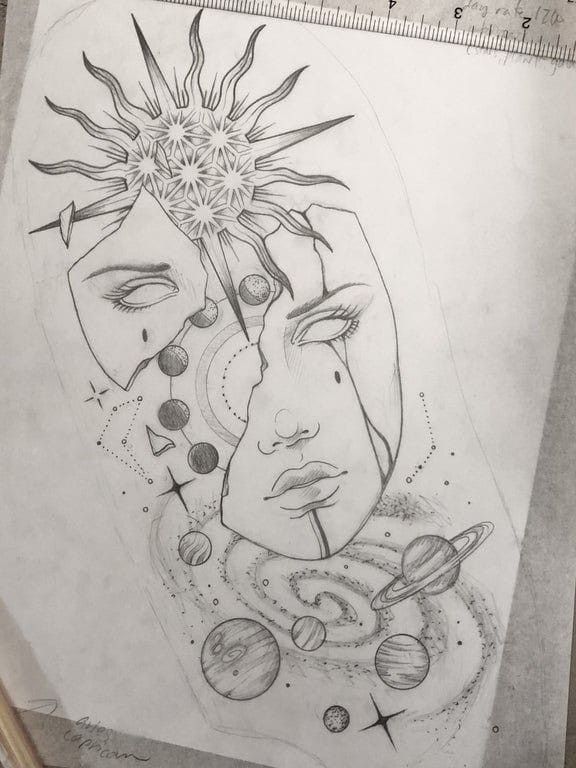 a pencil drawing of two faces with planets and sun in the sky behind them on paper