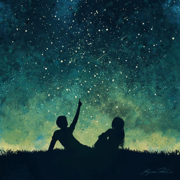 two people sitting in the grass under a night sky