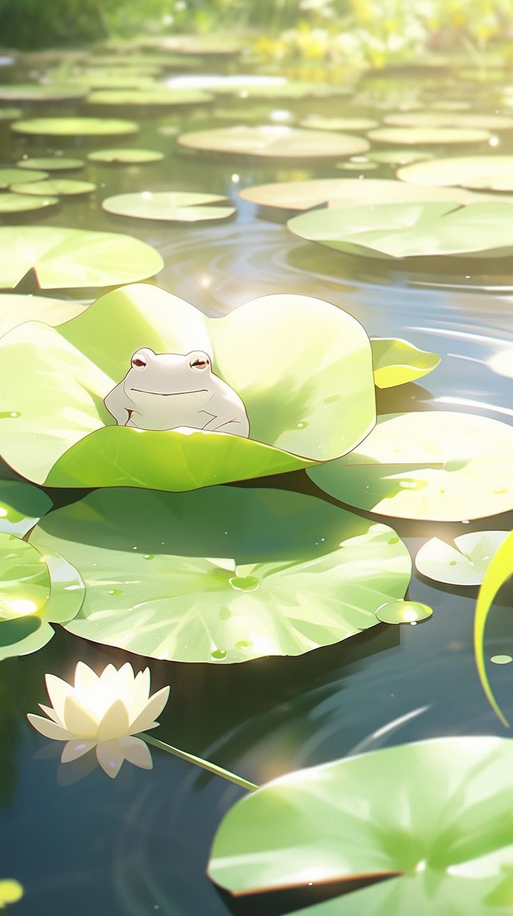 a frog is sitting in the middle of lily pads