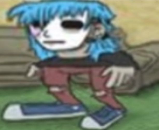 an anime character with blue hair and red pants