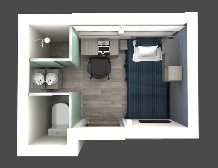 an overhead view of a small bedroom and bathroom