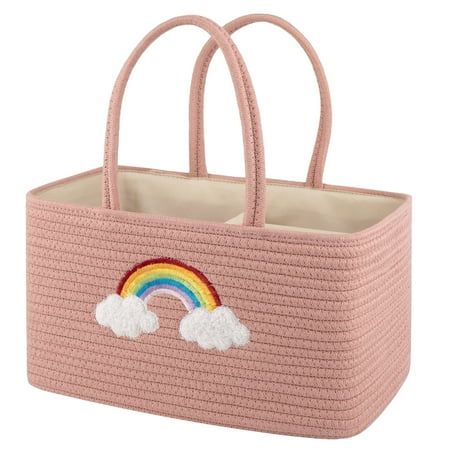 a pink basket with a rainbow on the side and clouds painted on it's sides