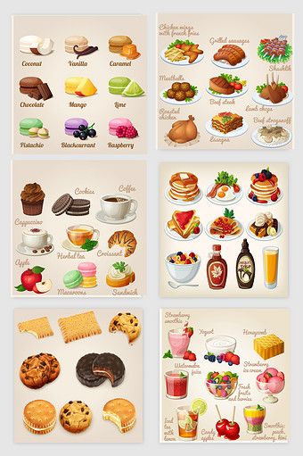 four different types of food are shown in this set, including cookies, donuts, and other foods