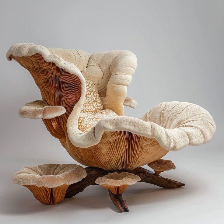 an unusual chair and footstool made out of wood with shells on the back