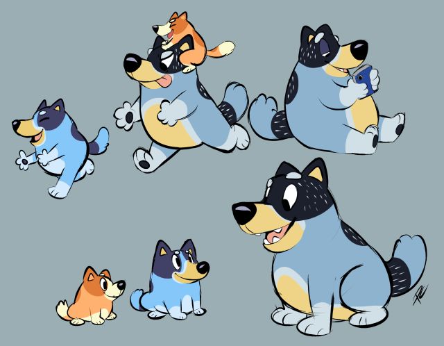 several cartoon dogs with different expressions sitting and standing in the same position, one on its back