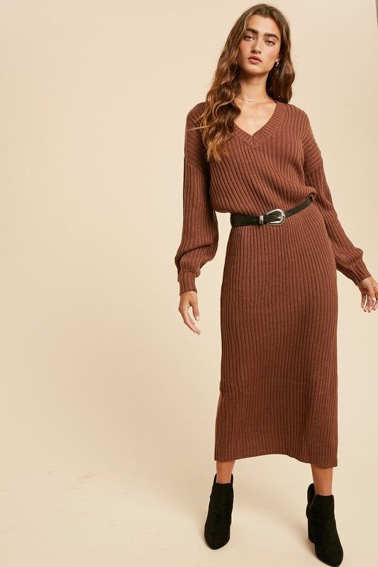 The perfect Midi Sweater Dress everrrr!! The Isn't She Lovely Chunky Knit Sweater Midi Dress features an oversized loose fit and looks great by itself or fashioned with a belt. Side slits and balloon sleeves finish this one of and it wins the Gold for sure! One Size : Length measures 46” from shoulder to hem with a 36” bust and 28” waist with stretch Ribbed Dress Outfit, Sweater Over Dress, Knitted Dress Outfit, Sweater Outfit Ideas, Sweaters Outfit, Brown Sweater Dress, Jw Fashion, Sweater Dress Outfit, Boho Outfit