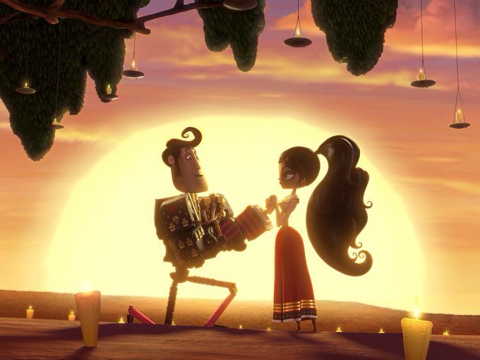 an animated scene with a man and woman holding each other's hands as the sun sets in the background