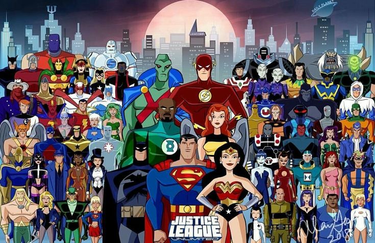 an image of a group of superheros in front of a cityscape with the words justice league on it