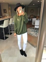 olive tunic - www.shopcsgems.com Wide Neck Sweatshirt, Sweatshirt Fabric, French Terry, White Jeans, Ootd, How To Wear, Clothes