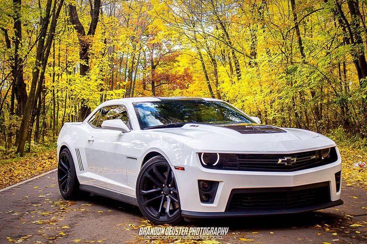 a white chevrolet camaro is parked on the road in front of trees with yellow leaves