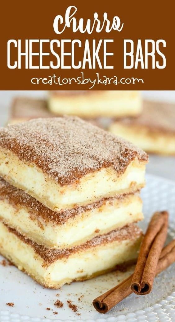 three pieces of cheesecake bars stacked on top of each other with cinnamon sprinkles