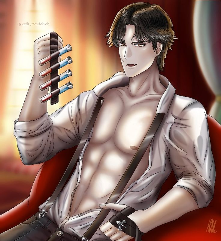 a drawing of a shirtless man sitting in a red chair holding an electronic device