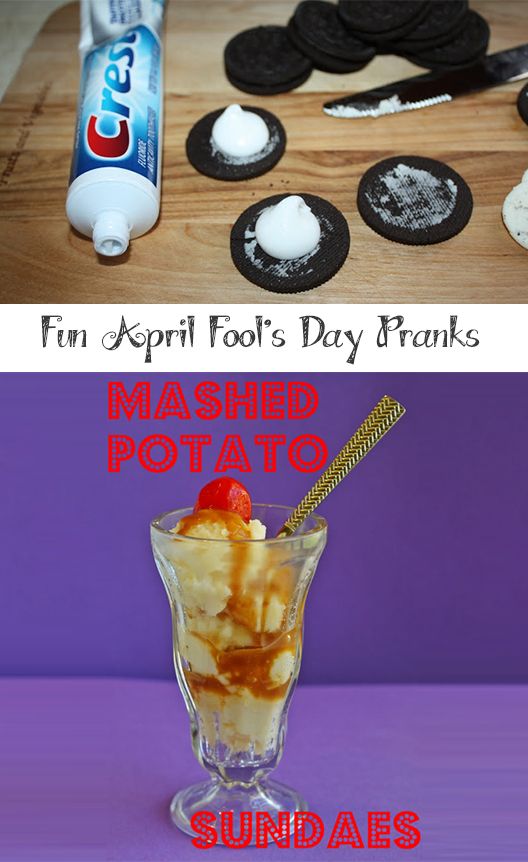 two pictures with different types of food and the words fun appli foot's day pranks mashed potato sundaes