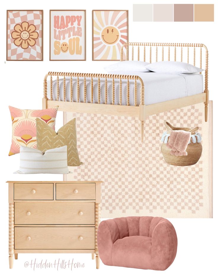 a bedroom with pink furniture and pictures on the wall, including a bed, chair, dresser