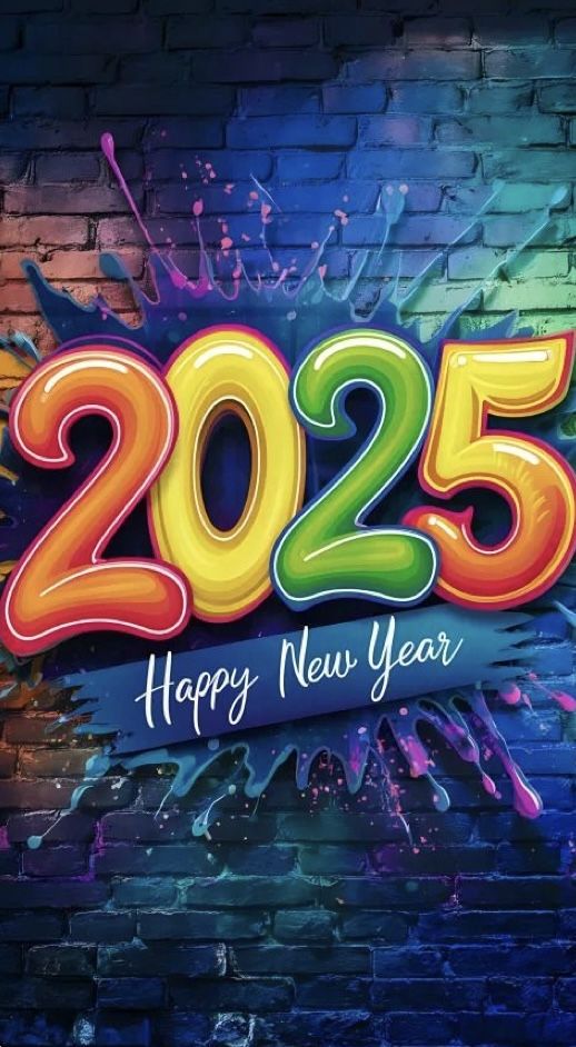 the happy new year is written on a brick wall with colorful paint and sprinkles