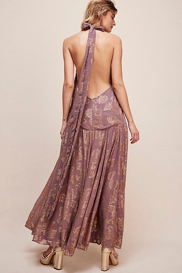 Turn heads in this forever special maxi dress featured in a halter style silhouette with metallic gold detailing throughout and adjustable tie neckline for added versatility. * Pleating at bottom * Fully lined design * Exposed back detail | Holding On Convertible Maxi Dress by Free People in Purple, Size: M Floral Wedding Guest Dress, Floral Dress Wedding Guest, Floral Wedding Guest, Convertible Maxi Dress, Cocktail Event, Halter Style, Event Dresses, Free People Dress, Small Bust