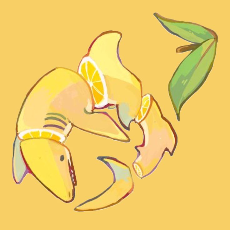 a drawing of two lemons and a fish on a yellow background with green leaves