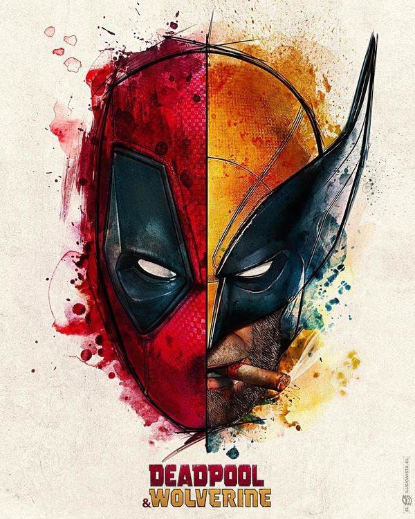 deadpool and wolverine poster with watercolor splashs on the sides, one is wearing a mask