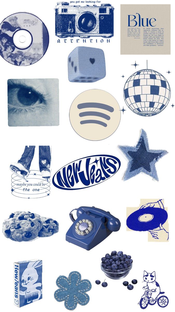 various blue and white items are arranged in the shape of an eye, phone, camera, etc