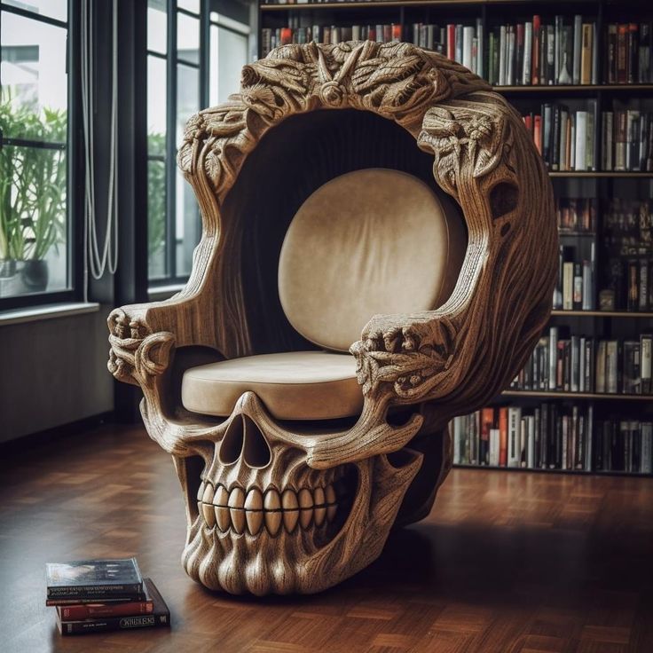 a chair made out of wood with a skull head on the seat and bookshelves behind it