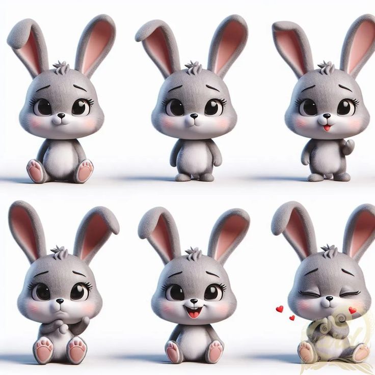 the animated rabbit is sitting down and posing for different poses, including one with big eyes