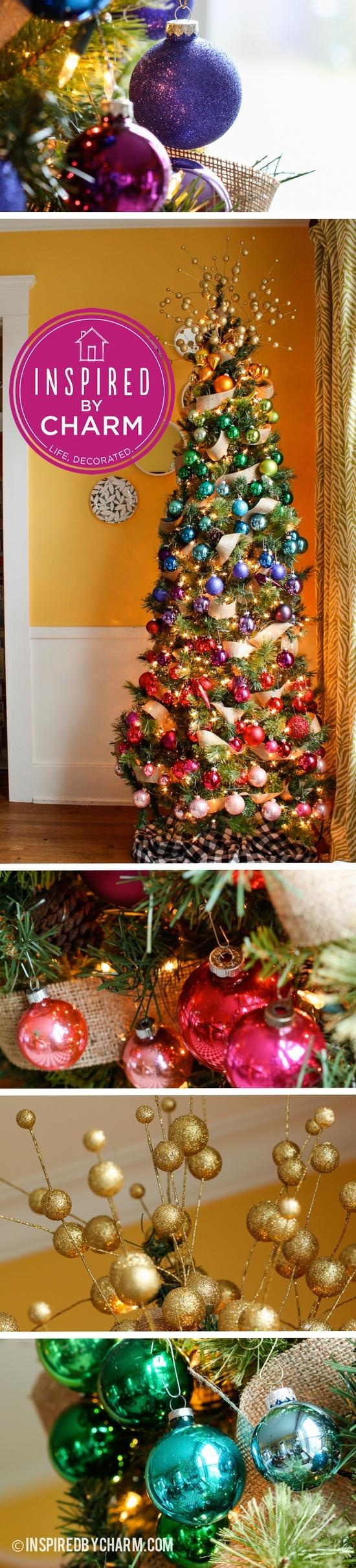 there is a christmas tree that has been decorated in different colors and sizes, with the words insured charm on it