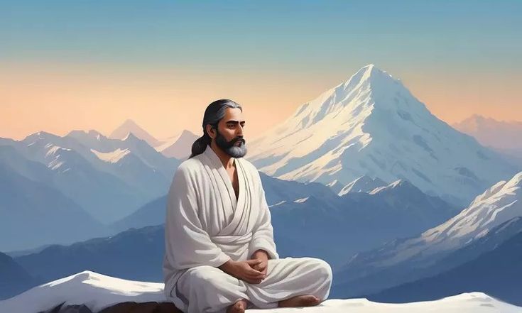 a painting of jesus sitting on top of a mountain with mountains in the back ground