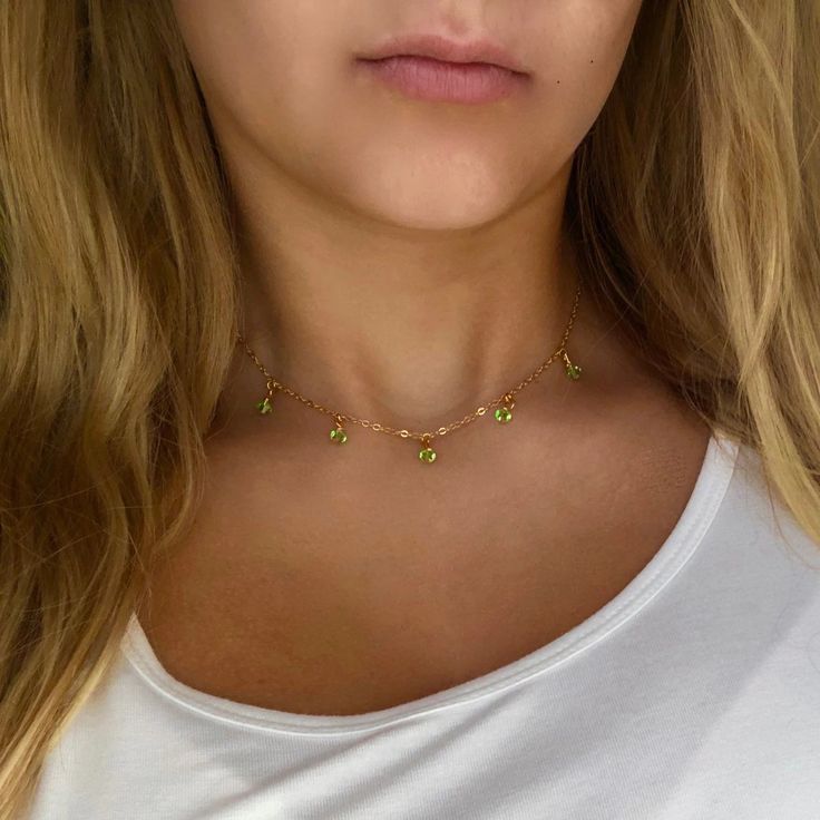 Peridot Cristal Choker  Necklace - AR TodayCharm Jewelry Company Peridot Birthstone, Peridot Color, Peridot Crystal, Crystal Choker Necklace, Minimal Necklace, Peridot Necklace, Peridot Green, 14k Gold Necklace, Chain Extenders