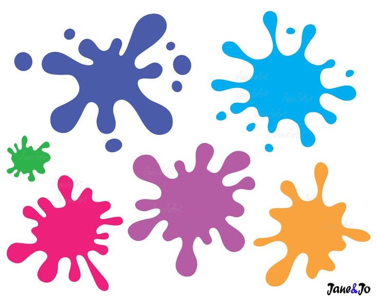 four different colors of paint splattered on a white background