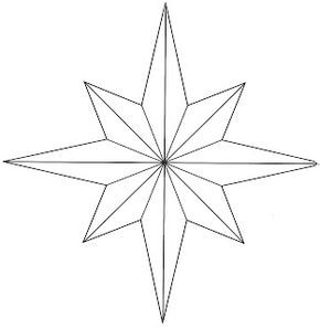 a black and white drawing of a star with one point at the center, on a white background