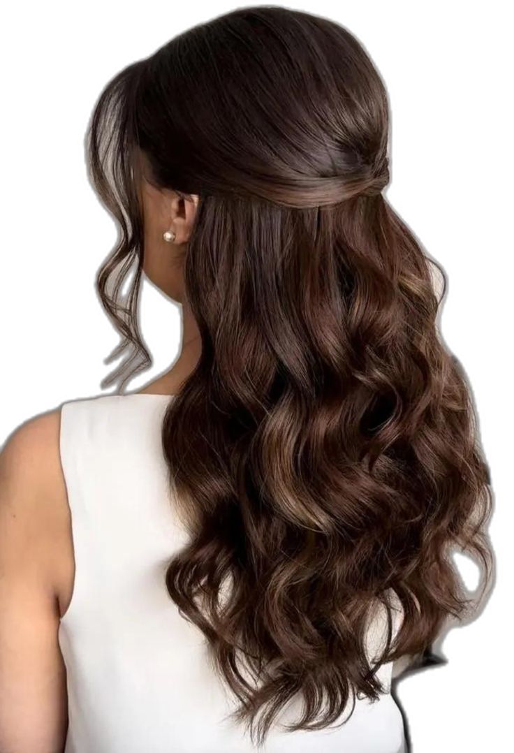 Brunette Hairstyles For Wedding, Wavy Open Hairstyle, Elegant Hair Half Up Half Down, Brunette Styled Hair, Classic Formal Hairstyles, Formal Hair Down Styles, Brunette Hair Wedding Styles, Braids With Open Hair, Wedding Hair Brown Long