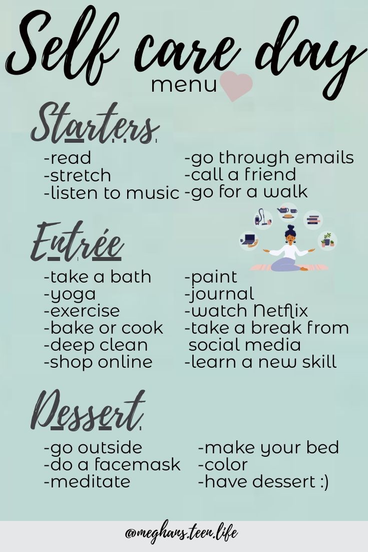 Take some time for you. Self care is for teens too! Use this helpful menu to craft an ultimate self care day! #teenager #selfcare #selfcaretips Ultimate Self Care Day, Fun Self Care Ideas, Self Care Tips For Teens, Teenage Self Care, Self Care Activity For Teens, Self Care At Work, Self Care Crafts, Teen Self Care, Self Care Menu