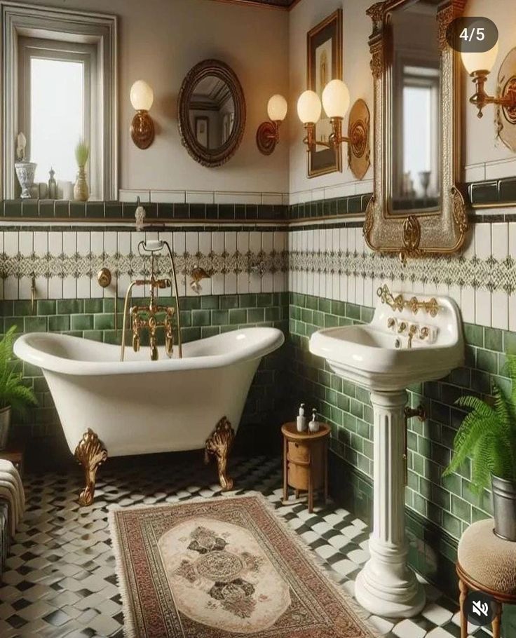 an ornate bathroom with green and white tiles on the floor, tub, sink and mirror