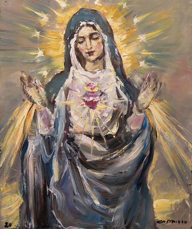 an oil painting of the immaculate mary in blue and white with yellow rays coming from her hands