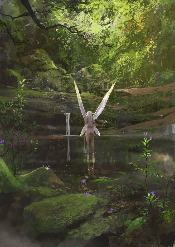 an artistic painting of a woman in the water with wings outstretched, surrounded by greenery