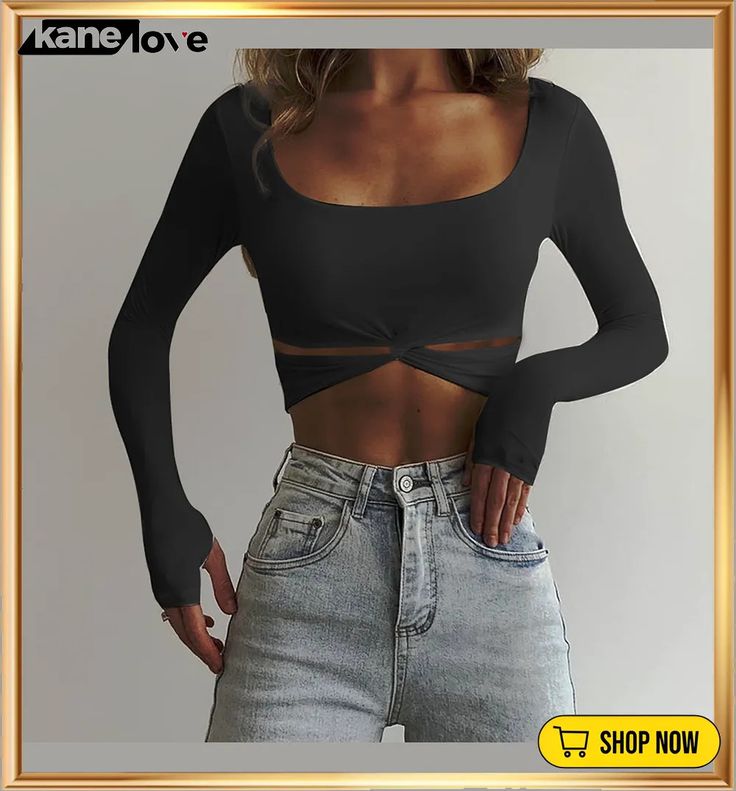 Women Fall Casual Knot Long Sleeve Crop T-shirt Y2k Inspired Outfit, Twisted Top, Streetwear Fall, Black Long Sleeve Crop Top, Cutout Crop Top, Street Y2k, Black Crop Top Tank, Cutout Design, Slim Fit Top