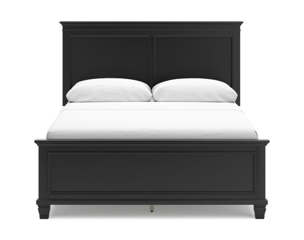 a black bed frame with white pillows and sheets on top of it, against a white background